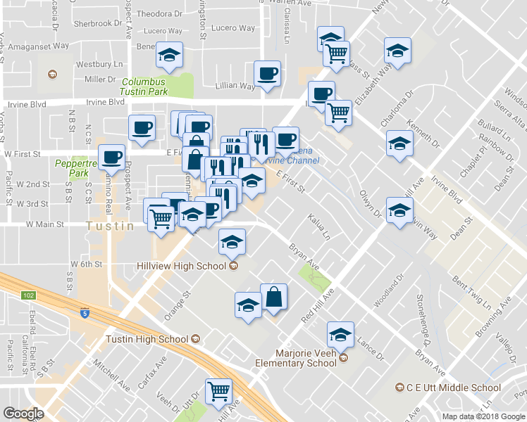 map of restaurants, bars, coffee shops, grocery stores, and more near 13461 Elizabeth Way in Tustin