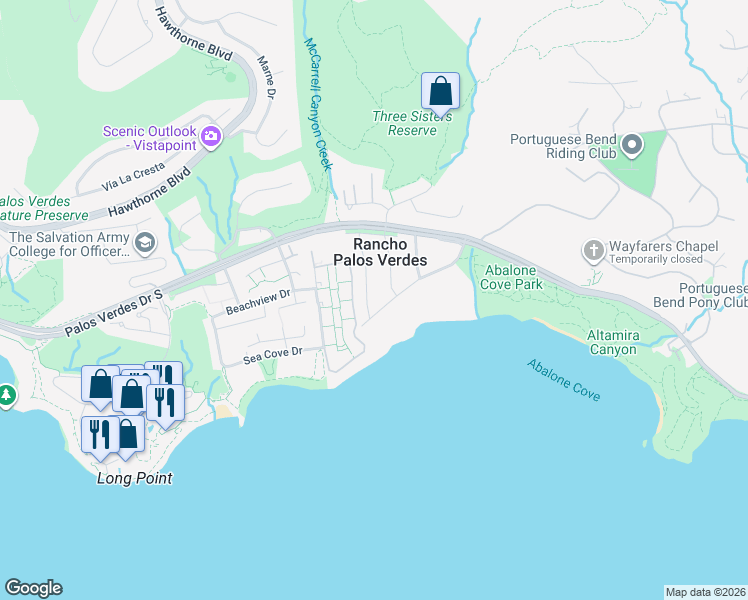 map of restaurants, bars, coffee shops, grocery stores, and more near 28 Packet Road in Rancho Palos Verdes