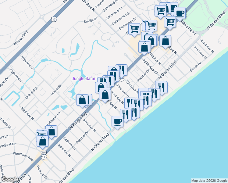 map of restaurants, bars, coffee shops, grocery stores, and more near 712 Saw Grass Villas in Myrtle Beach