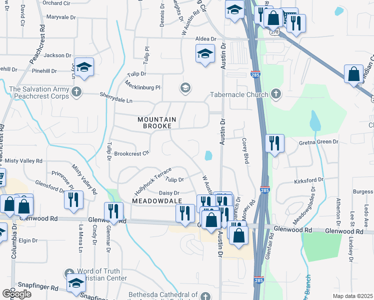 map of restaurants, bars, coffee shops, grocery stores, and more near 1730 West Austin Road in Decatur