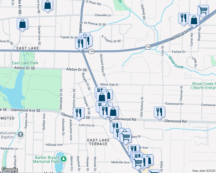 map of restaurants, bars, coffee shops, grocery stores, and more near 1713 Ellington Street in Decatur