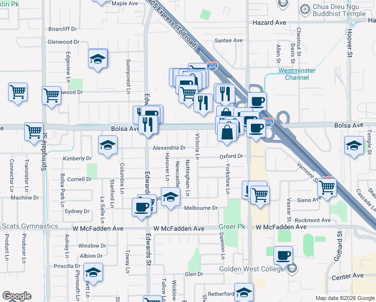 map of restaurants, bars, coffee shops, grocery stores, and more near 6682 Alexandria Drive in Huntington Beach