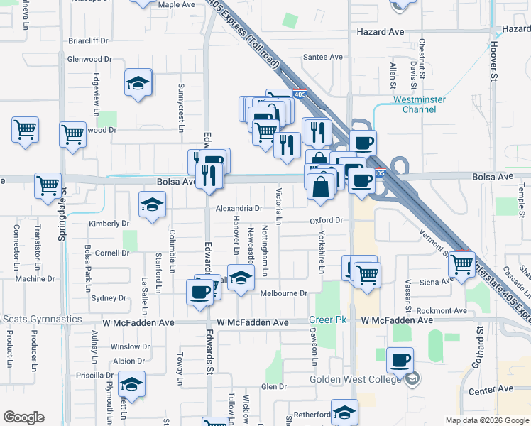 map of restaurants, bars, coffee shops, grocery stores, and more near 6682 Alexandria Drive in Huntington Beach