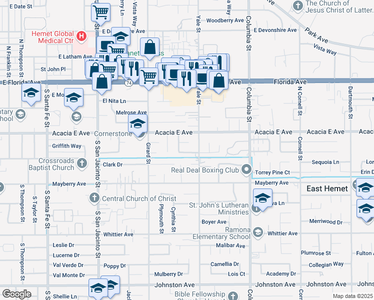 map of restaurants, bars, coffee shops, grocery stores, and more near 40692 Brock Avenue in Hemet