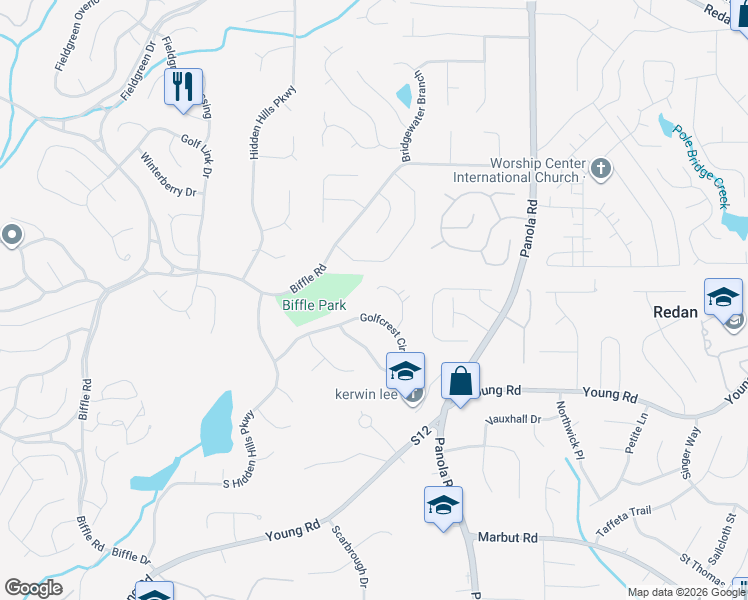 map of restaurants, bars, coffee shops, grocery stores, and more near 5304 Golfcrest Circle in Stone Mountain