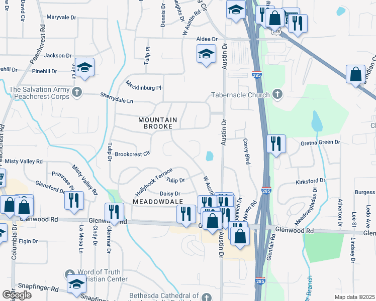 map of restaurants, bars, coffee shops, grocery stores, and more near 1728 West Austin Road in Decatur
