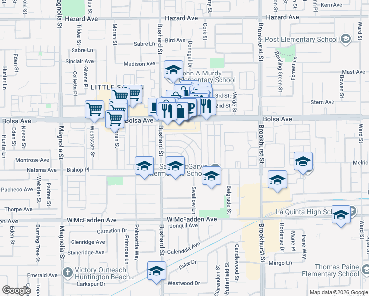 map of restaurants, bars, coffee shops, grocery stores, and more near 9702 Bolsa Avenue in Westminster