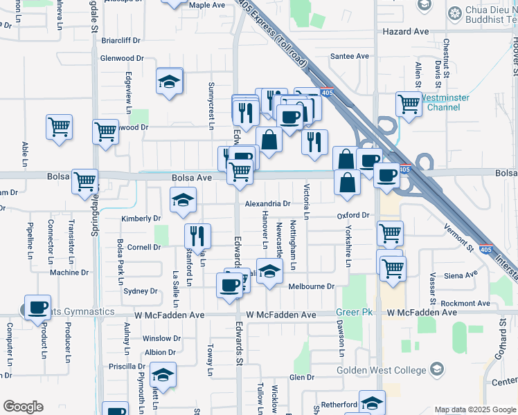 map of restaurants, bars, coffee shops, grocery stores, and more near 6562 Alexandria Drive in Huntington Beach