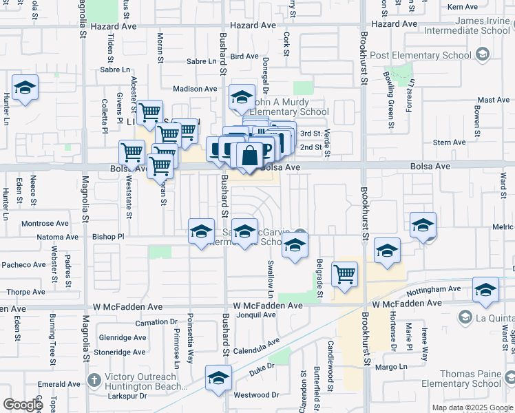 map of restaurants, bars, coffee shops, grocery stores, and more near 9702 Bolsa Avenue in Westminster