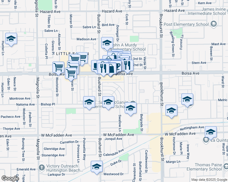 map of restaurants, bars, coffee shops, grocery stores, and more near 9702 Bolsa Avenue in Westminster