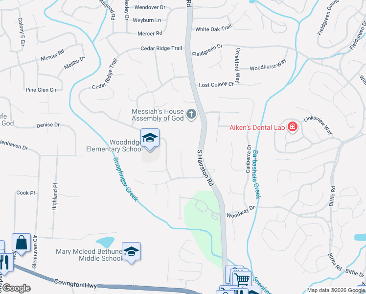 map of restaurants, bars, coffee shops, grocery stores, and more near 4083 Big Valley Trail in Stone Mountain