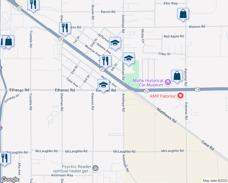 map of restaurants, bars, coffee shops, grocery stores, and more near 27887 Ethanac Road in Menifee