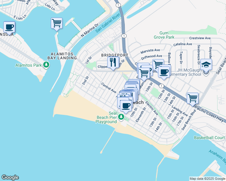 map of restaurants, bars, coffee shops, grocery stores, and more near 6th Street in Seal Beach