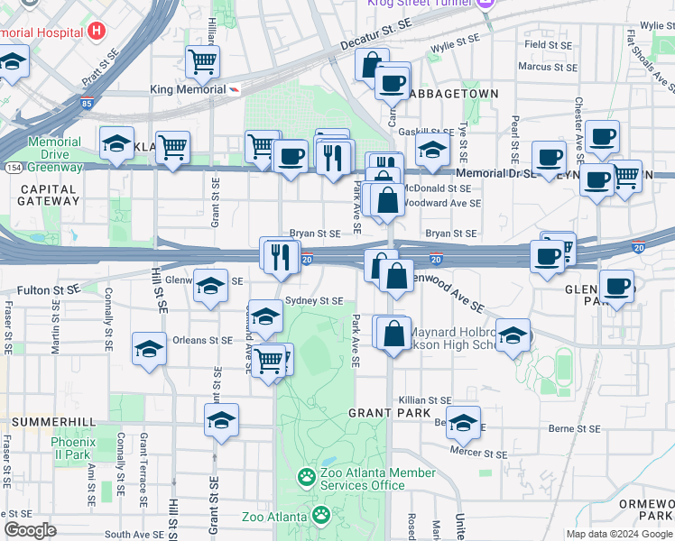 map of restaurants, bars, coffee shops, grocery stores, and more near 513 Glenwood Avenue Southeast in Atlanta