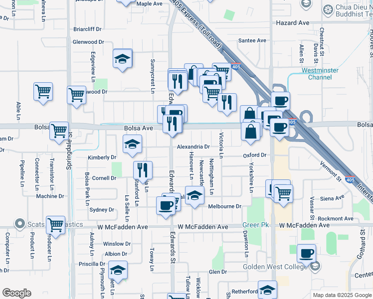 map of restaurants, bars, coffee shops, grocery stores, and more near 6562 Alexandria Drive in Huntington Beach
