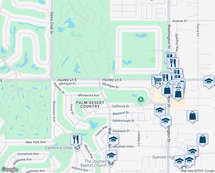 map of restaurants, bars, coffee shops, grocery stores, and more near 77469 Michigan Drive in Palm Desert