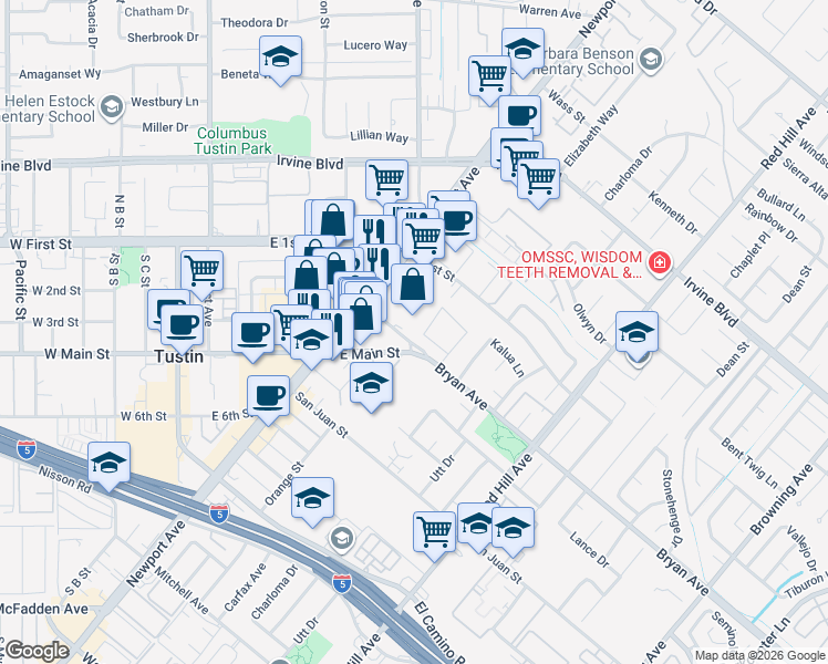 map of restaurants, bars, coffee shops, grocery stores, and more near 13461 Elizabeth Way in Tustin