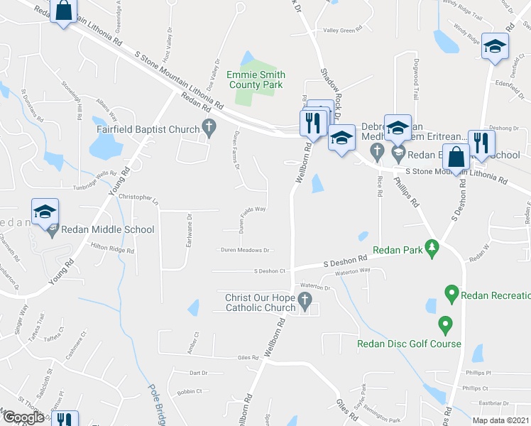 map of restaurants, bars, coffee shops, grocery stores, and more near 1650 Duren Fields Way in Lithonia