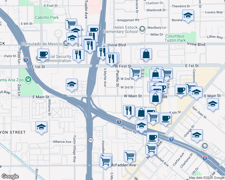 map of restaurants, bars, coffee shops, grocery stores, and more near 640 West 3rd Street in Tustin