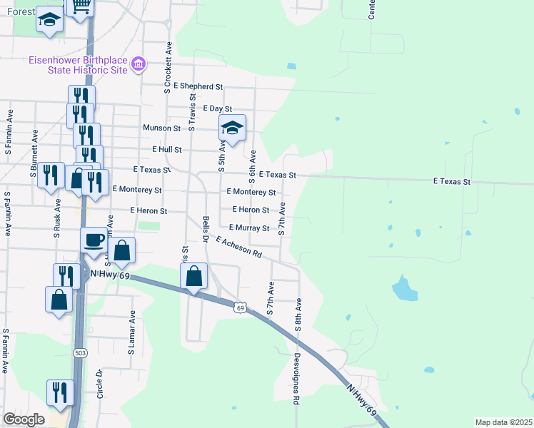 map of restaurants, bars, coffee shops, grocery stores, and more near 617 East Murray Street in Denison
