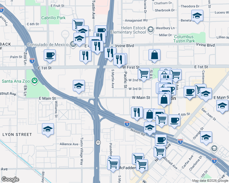 map of restaurants, bars, coffee shops, grocery stores, and more near 665 West Main Street in Tustin