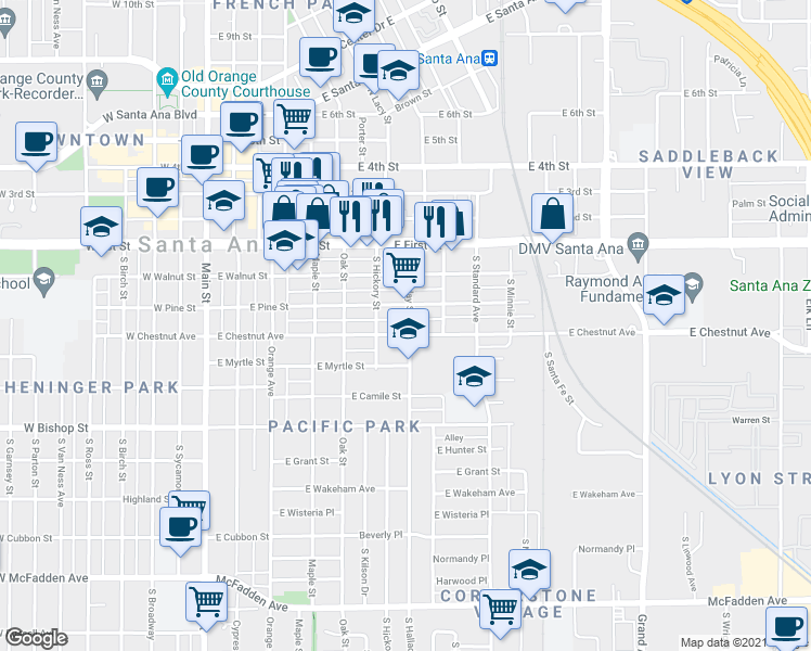 map of restaurants, bars, coffee shops, grocery stores, and more near in Santa Ana