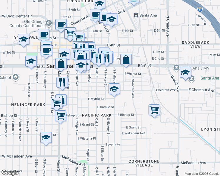 map of restaurants, bars, coffee shops, grocery stores, and more near in Santa Ana