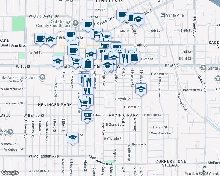 map of restaurants, bars, coffee shops, grocery stores, and more near 323 East Chestnut Avenue in Santa Ana