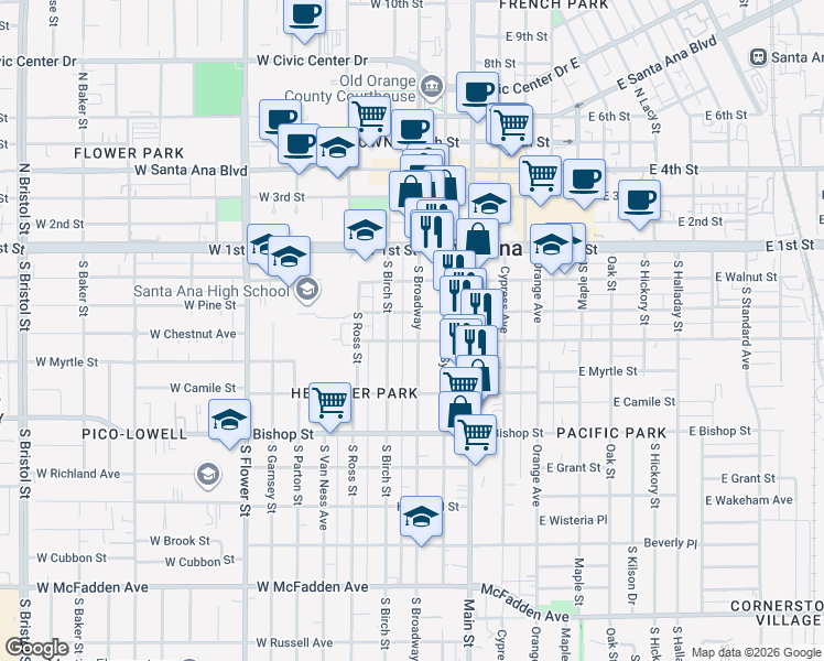 map of restaurants, bars, coffee shops, grocery stores, and more near 320 South Broadway in Santa Ana