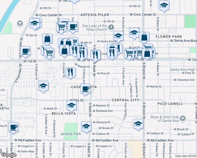 map of restaurants, bars, coffee shops, grocery stores, and more near 1724 West Chestnut Avenue in Santa Ana