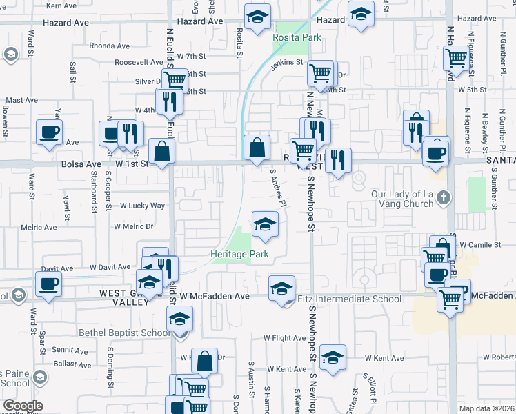 map of restaurants, bars, coffee shops, grocery stores, and more near 4706 West Lucky Way in Santa Ana