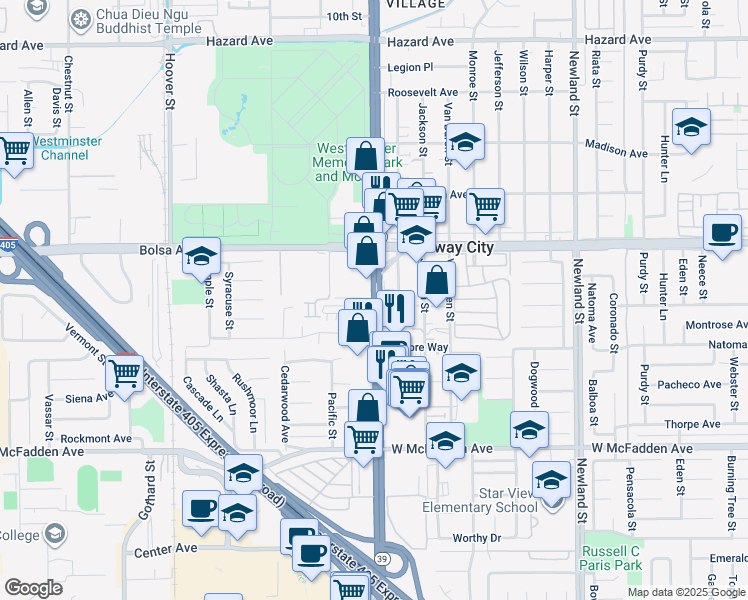 map of restaurants, bars, coffee shops, grocery stores, and more near 15151 Beach Blvd in Westminster
