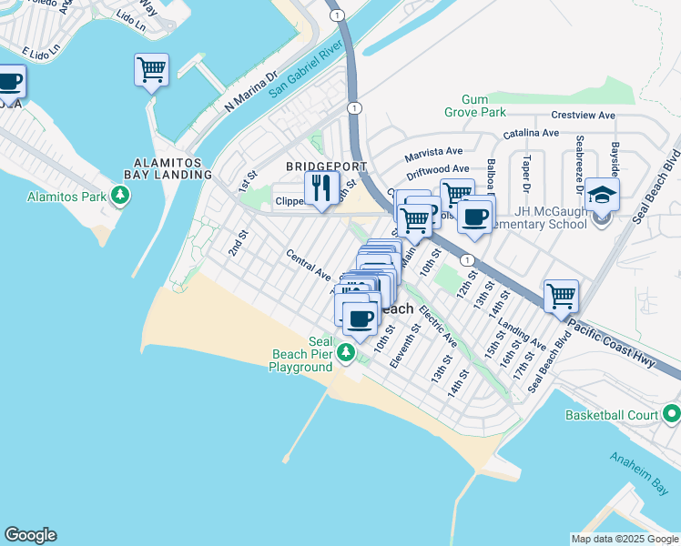 map of restaurants, bars, coffee shops, grocery stores, and more near 604 Central Avenue in Seal Beach