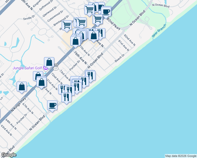 map of restaurants, bars, coffee shops, grocery stores, and more near 201 76th Avenue North in Myrtle Beach