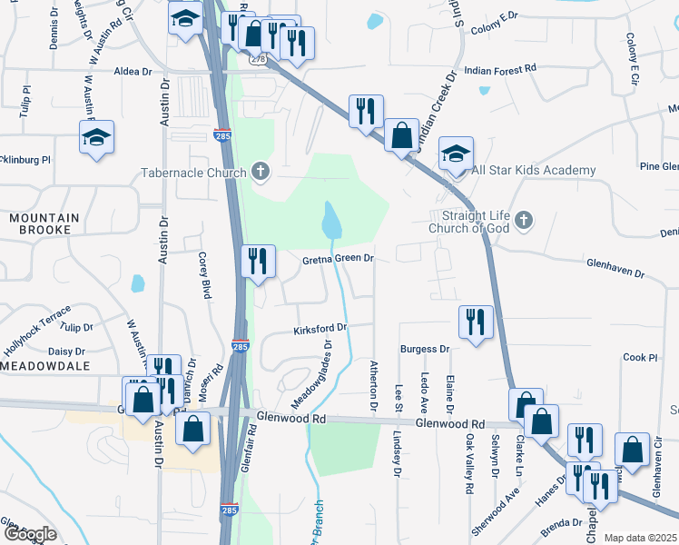 map of restaurants, bars, coffee shops, grocery stores, and more near 1667 Atherton Circle in Decatur
