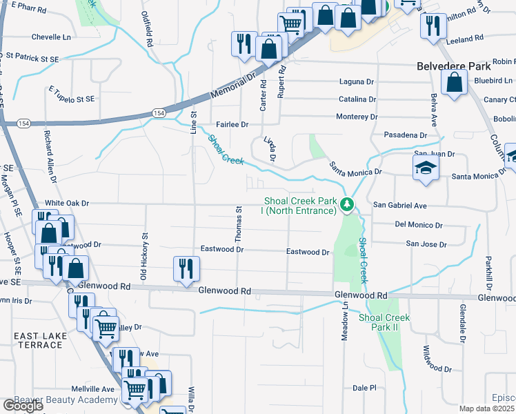 map of restaurants, bars, coffee shops, grocery stores, and more near 2791 White Oak Drive in Decatur