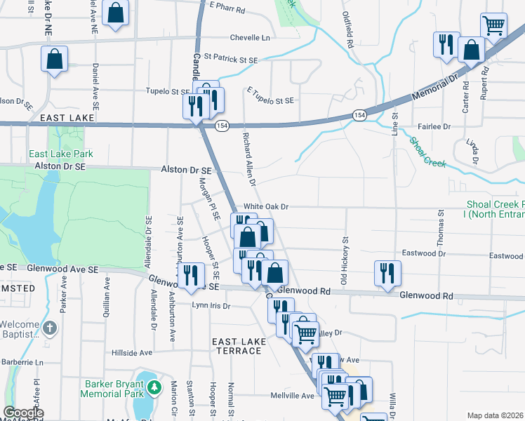 map of restaurants, bars, coffee shops, grocery stores, and more near 1713 Ellington Street in Decatur