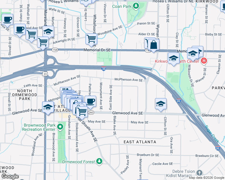 map of restaurants, bars, coffee shops, grocery stores, and more near 1490 Metropolitan Avenue Southeast in Atlanta