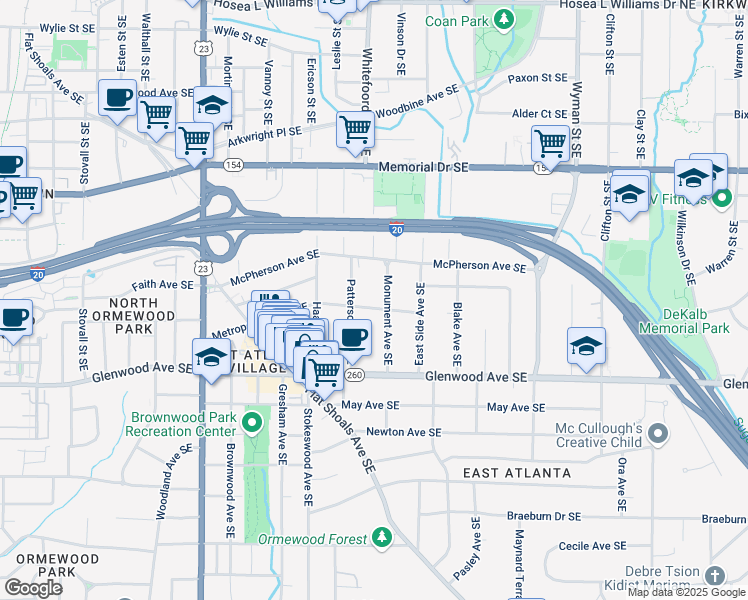 map of restaurants, bars, coffee shops, grocery stores, and more near 1388 Metropolitan Avenue Southeast in Atlanta
