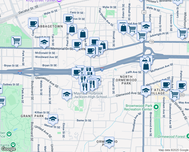 map of restaurants, bars, coffee shops, grocery stores, and more near 918 Ives Lane Southeast in Atlanta