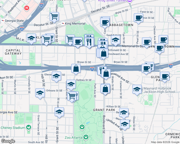 map of restaurants, bars, coffee shops, grocery stores, and more near 513 Glenwood Avenue Southeast in Atlanta