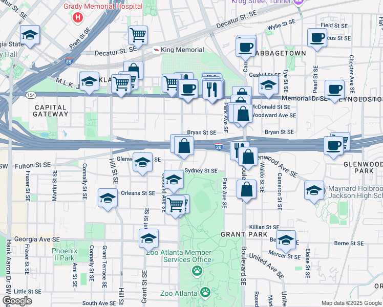 map of restaurants, bars, coffee shops, grocery stores, and more near 445 Loomis Avenue Southeast in Atlanta
