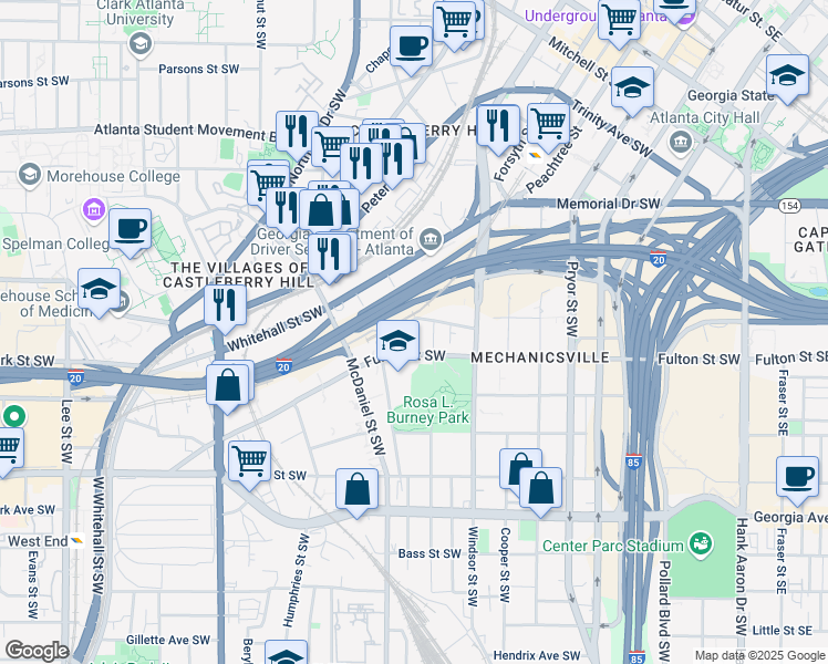 map of restaurants, bars, coffee shops, grocery stores, and more near 395 Fulton Street Southwest in Atlanta
