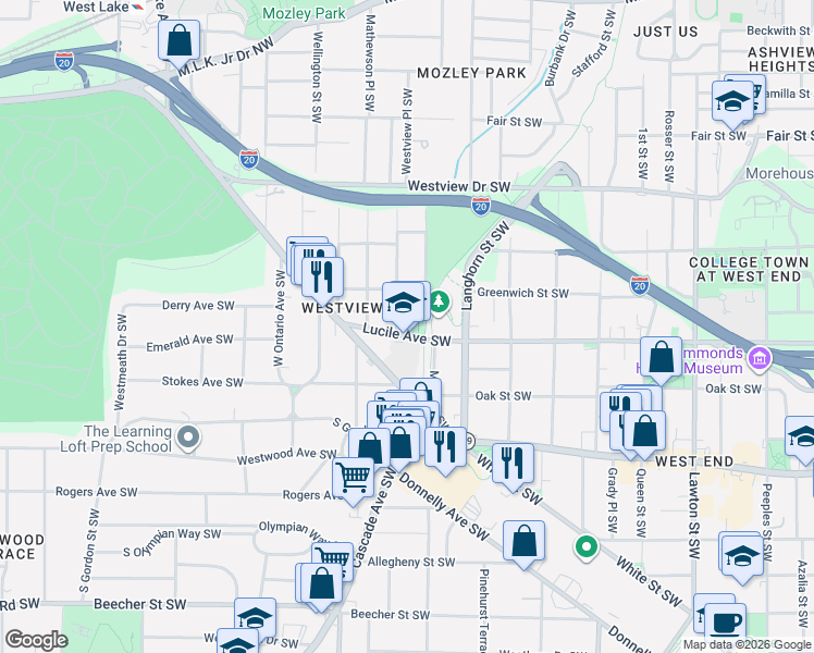 map of restaurants, bars, coffee shops, grocery stores, and more near 1444 Lucile Avenue Southwest in Atlanta