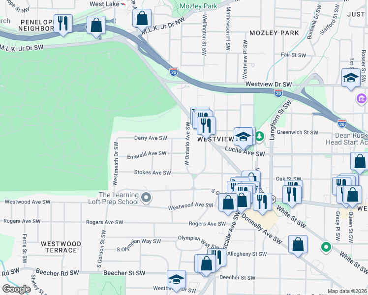 map of restaurants, bars, coffee shops, grocery stores, and more near 457 West Ontario Avenue Southwest in Atlanta