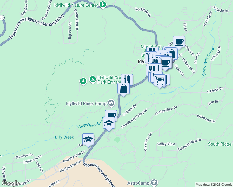 map of restaurants, bars, coffee shops, grocery stores, and more near 26363 Idyllwild Pines Camp Road in Idyllwild-Pine Cove