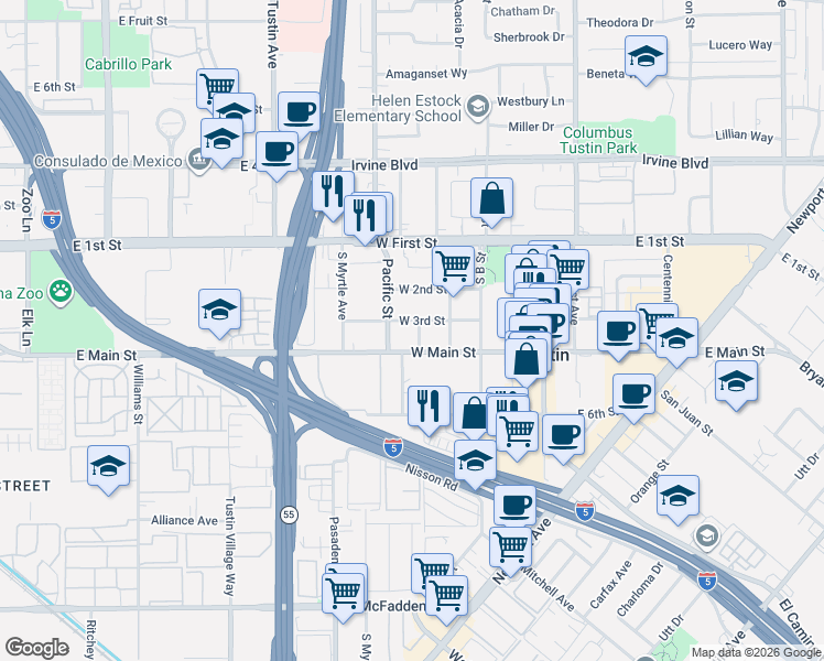 map of restaurants, bars, coffee shops, grocery stores, and more near 500 West 3rd Street in Tustin