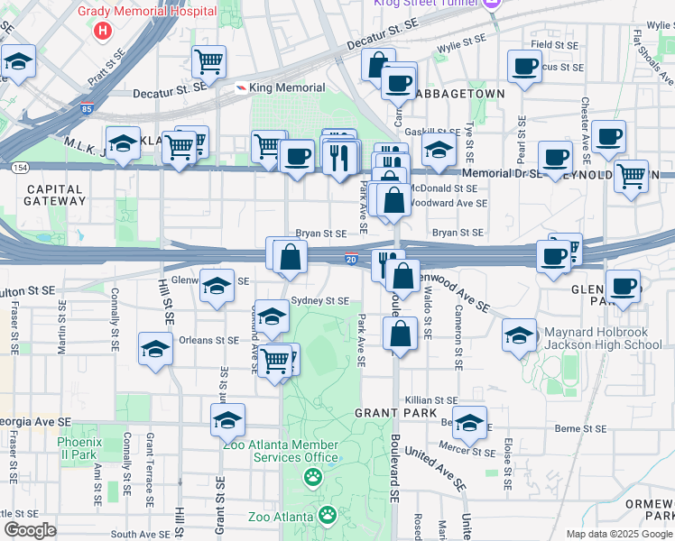 map of restaurants, bars, coffee shops, grocery stores, and more near 505 Glenwood Avenue Southeast in Atlanta