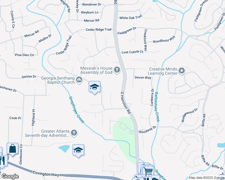map of restaurants, bars, coffee shops, grocery stores, and more near 4083 Big Valley Trail in Stone Mountain