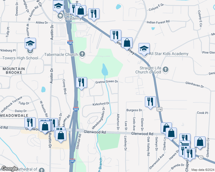 map of restaurants, bars, coffee shops, grocery stores, and more near 1667 Atherton Circle in Decatur